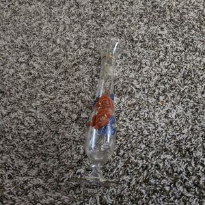 Vintage Viking Glass Trumpet Vase‎ Orange Blue Painted Florals Golden